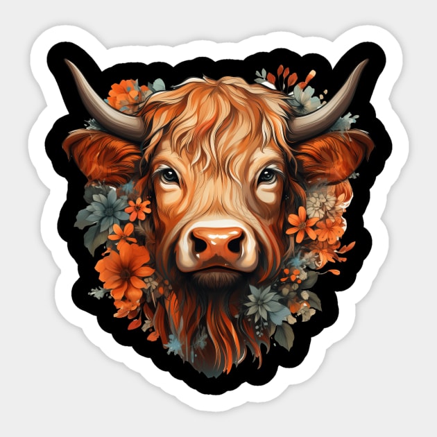 Highland cow colorful floral Illustration Sticker by Ross Holbrook